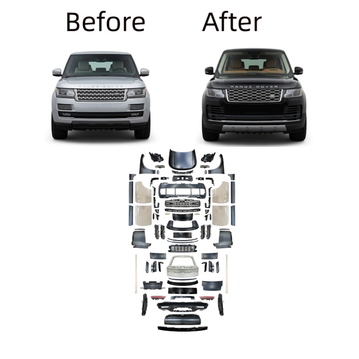 Ảnh tham khảo đầu Range Rover Vogue trước và sau thay đổi kiểu dáng cùng bộ phụ tùng ngoại hình